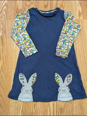 Girls Navy Bunny Appliqué Dress with Floral Sleeves 5